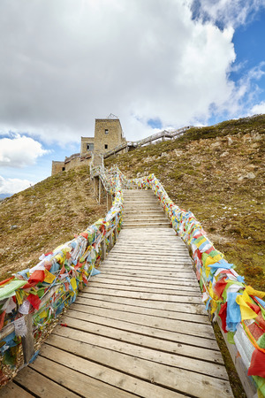 Wooden walkway in the Shika Snow Mountain scenic area, Yunnan Province, China.の写真素材