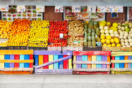 New York City, USA - May 27, 2017: Street stall with fresh fruits and vegetables in Lower Manhattan.のeditorial素材