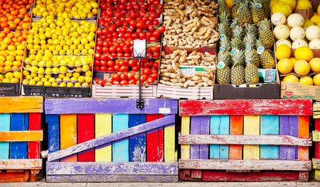 New York City, USA - May 27, 2017: Street stall with fresh fruits and vegetables in Lower Manhattan.のeditorial素材