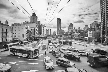 New York City, USA - May 26, 2017: Traffic jam on the exit from the Ed Koch Queensboro Bridge.のeditorial素材