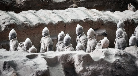 Xian, China - October 4, 2017: Terracotta Army warriors. Three pits contain more than 8000 soldiers, 130 chariots with 520 horses and 150 cavalry horses. No two figures are exactly alike.のeditorial素材