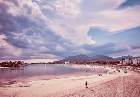 Retro toned picture of the Alcudia beach, Mallorca.の写真素材