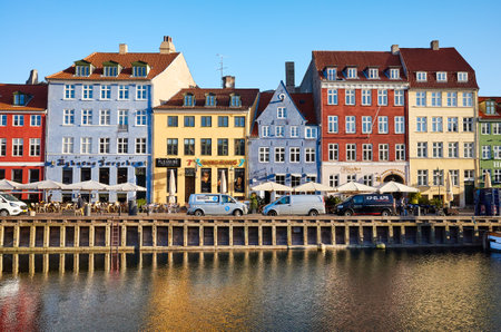 Copenhagen, Denmark - October 22, 2018: Front view of Nyhavn, the 17th-century famous waterfront,...