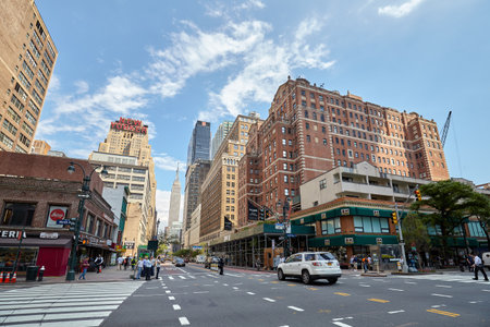 New York, USA - June 28, 2018: City life in the "Big Apple", this nickname for New York City first introduced in the 1920s by John J. Fitz Gerald.のeditorial素材