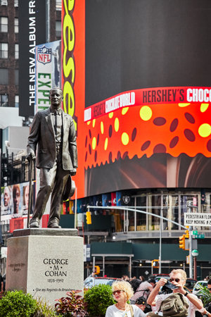 New York City, USA - June 29, 2018: Statue of George M Cohan, located in the middle of the Times Square crowded with tourists.のeditorial素材