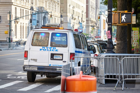 New York, USA - July 01, 2018: NYPD vehicle parked by the Central Park West entrance.のeditorial素材