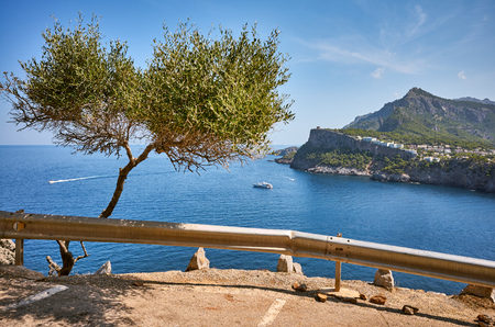 Parking with a scenic view of the Port de Soller headland, Mallorca, Spain.の写真素材