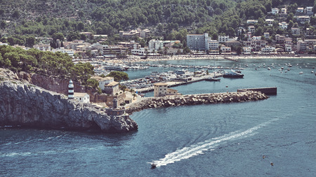 Retro toned panoramic view of Port de Soller, Mallorca, Spain.
