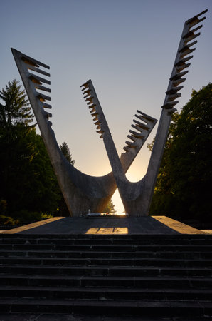 Szczecin, Poland - September 30, 2018: Silhouette of the Monument of Brothers in Arms located in The...