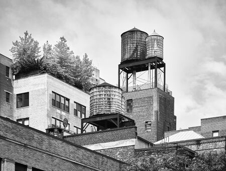 Black and white picture of water tanks in New York, USA.の写真素材