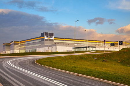 Kolbaskowo, Poland - March 05, 2020: Amazon Robotics e-commerce center in Kolbaskowo at sunset.のeditorial素材