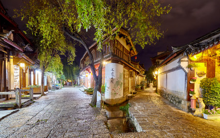 Lijiang, China - September 27, 2017: Old Town of Lijiang at night. It was included in the UNESCO World Cultural Heritage list in December 1997.のeditorial素材