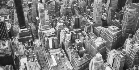 Black and white aerial view of Manhattan, New York City, USA.