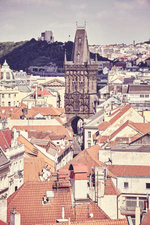 Retro toned picture of Prague cityscape, Czech Republic.