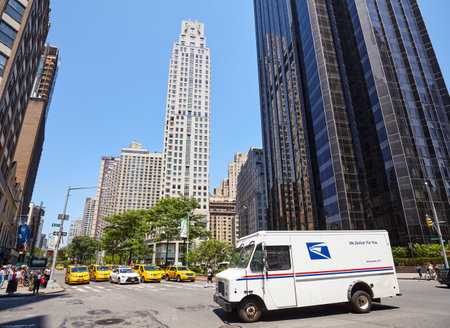 New York, USA - June 30, 2018: United States Postal Service (USPS) truck on the intersection of Broadway and West 60th Street.のeditorial素材