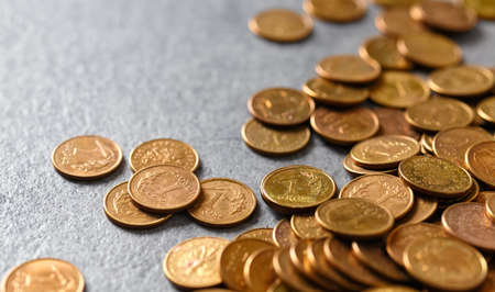 Polish one grosz coins (one hundredth of a zloty), selective focus.