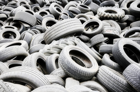 Szczecin Kijewo, Poland - November 21, 2020: Used tires illegal dump.のeditorial素材
