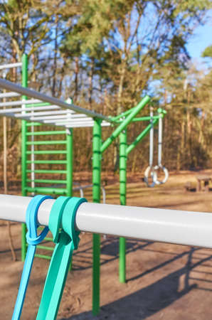 Close up picture of resistance bands at outdoor gym, selective focus.の写真素材
