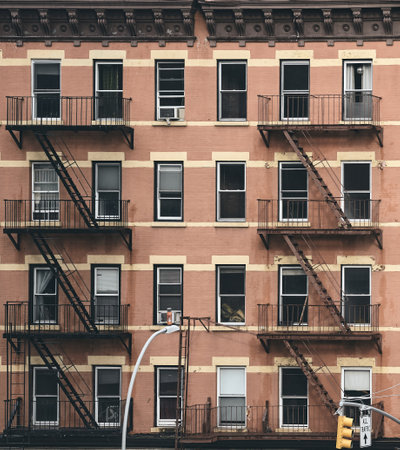 Old tenement house building with fire escapes, color toned picture, New York City, USA.の写真素材