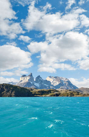 Pehoe Lake and Los Cuernos in the Torres del Paine National Park, Chile.の写真素材