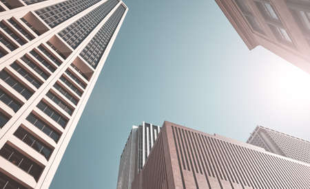 Looking up at New York skyscrapers, color toning applied, USA.の写真素材