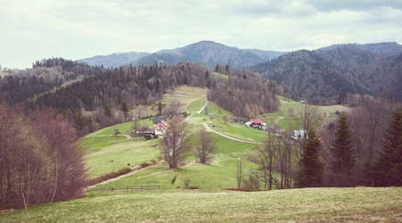 Retro toned picture of Pienin Mountains, mountain range on the border of Poland and Slovakia,...