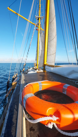 Lifebuoy on a sailing old schooner, selective focus.の写真素材