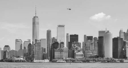 Black and white photo of New York City waterfront panorama, Manhattan, USA.の写真素材