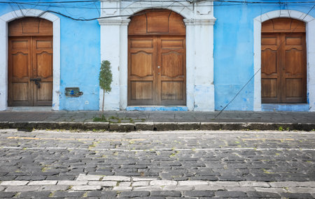 Street view of an old building facade, architecture background, Riobamba, Ecuador.の写真素材