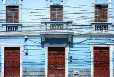 Street view of an old building facade, architecture background, Riobamba, Ecuador.の写真素材