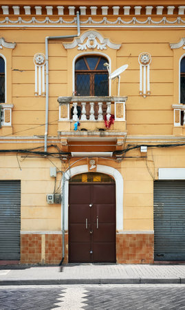 Street view of an old building facade, architecture background, Riobamba, Ecuador.の写真素材