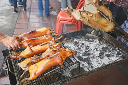 Close up photo of roasted guinea pigs (cuy) on a grill in Banos town, selective focus, Ecuador.の写真素材