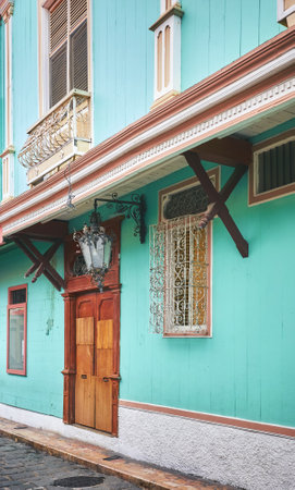 Street view of diverse architecture of Las Penas district on Santa Ana Hill in Guayaquil, Ecuador.の写真素材