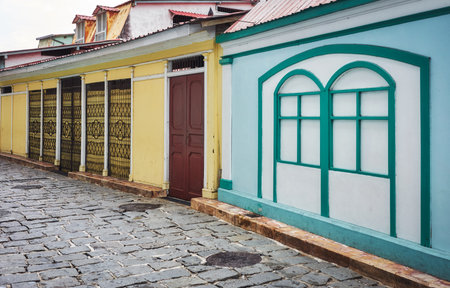 Street view of diverse architecture of Las Penas district on Santa Ana Hill in Guayaquil, Ecuador.の写真素材