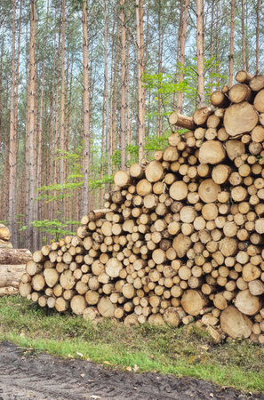 Stacked logs in a forest, deforestation concept, selective focus.の写真素材