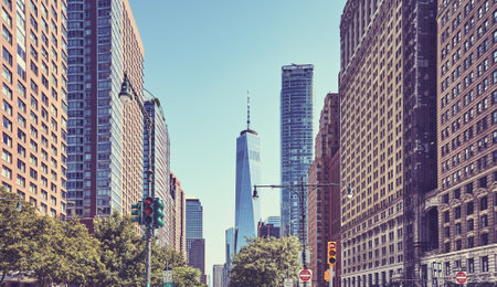 Retro stylized picture of New York cityscape, Manhattan, USA.の写真素材