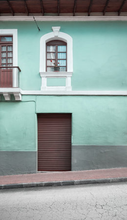 Street view of the facade of an old colonial building, Quito, Ecuador.の写真素材
