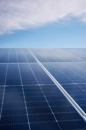 Photovoltaic modules on a sunny day, selective focus.