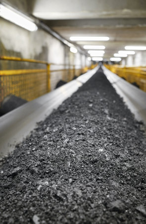 Belt conveyor transporting coal in a heating plant, selective focusing.の写真素材