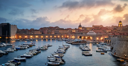 Dubrovnik marina in the old town at dusk, Croatia.の写真素材