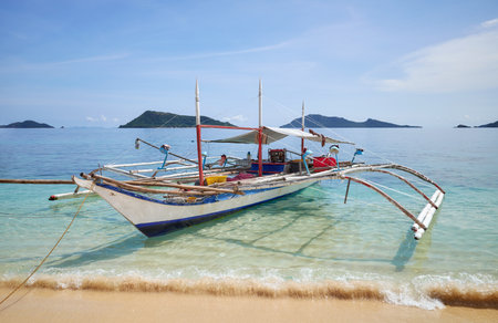 Bangka fishing boat on the beach of Inapupan Island in the Philippines.の写真素材