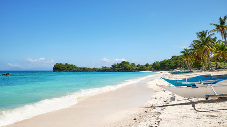 Beautiful beach with bangka boats on Malapascua Island, Philippines.の写真素材