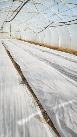 Organic vegetable polytunnel farm with nonwoven agrotextile covering seedlings.の写真素材