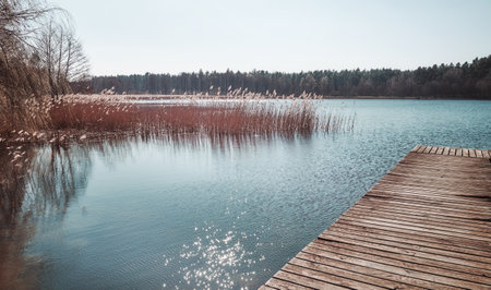 Landscape with a lake on a sunny day, color toning applied.の写真素材