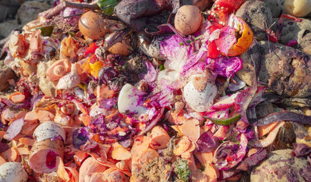 Organic waste compost pile with eggshells and vegetable scraps, selective focus.