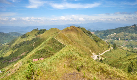 View from Sosodikon Hill in the Kundasang Valley, Sabah, Malaysia.の写真素材