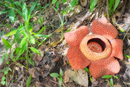 Blooming Rafflesia in the rainforest of Borneo, Sabah, Malaysia.の写真素材