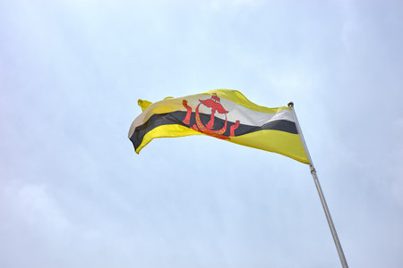 The Brunei flag flutters in the wind.の写真素材