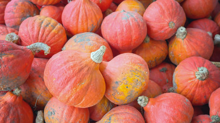 Photo of a pile of organic red kuri squash (Hokkaido pumpkin), selective focus.の写真素材