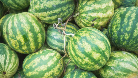 Freshly harvested organic watermelons, selective focus.の写真素材